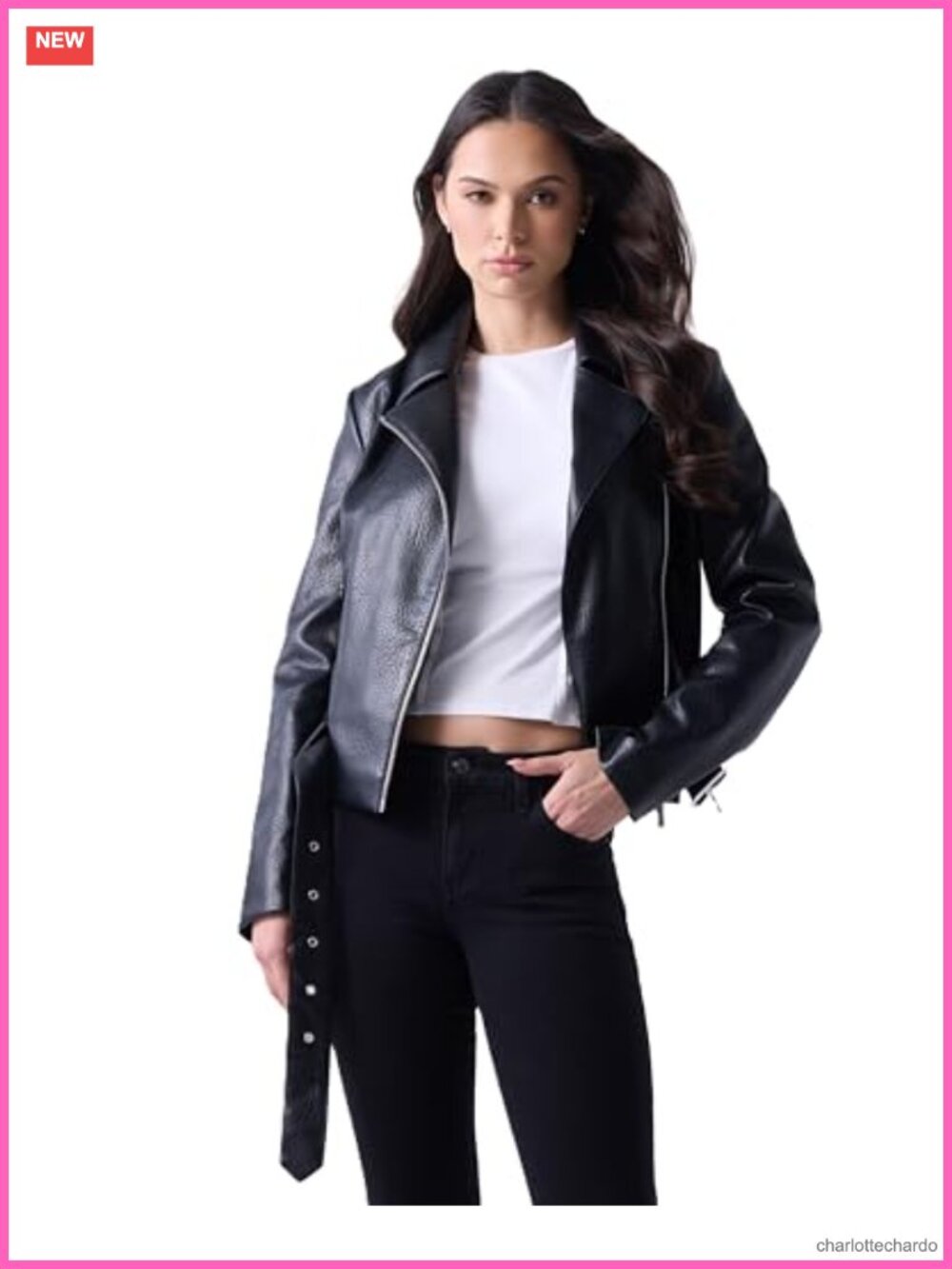 Faux Leather Belted Biker Jacket Asymmetric Zip Moto Casual